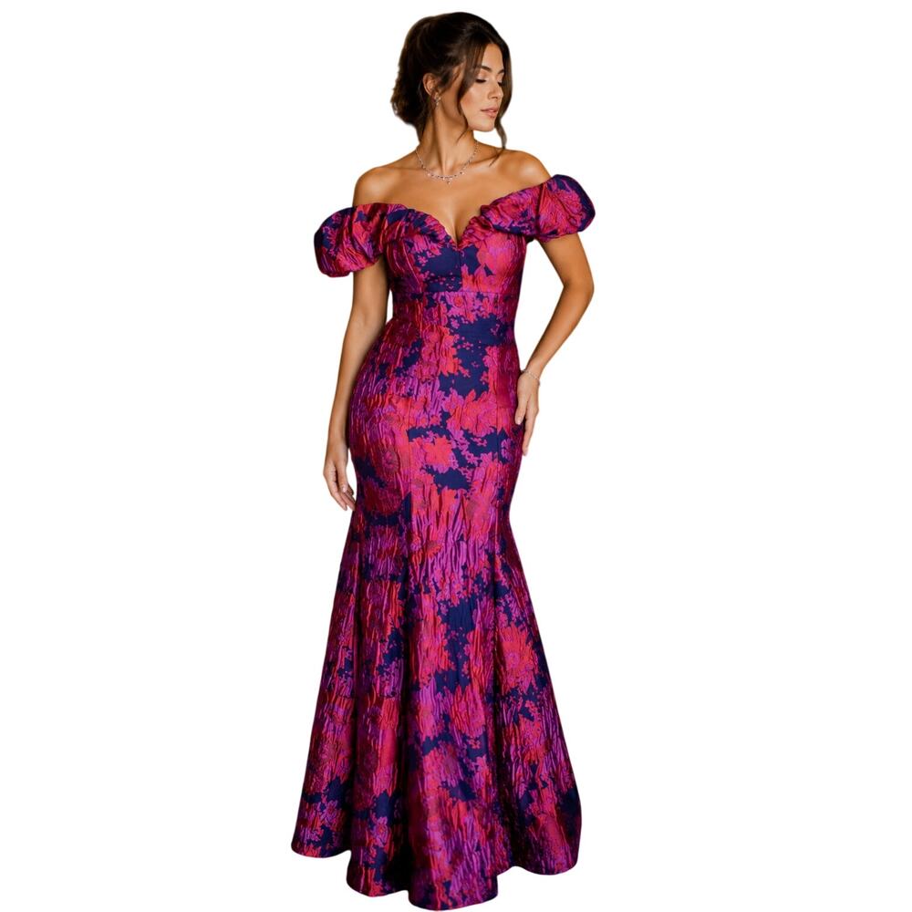 Aidan Mattox Navy Multi Floral Off Shoulder Ruffle Mermaid Gown Women's Size 2